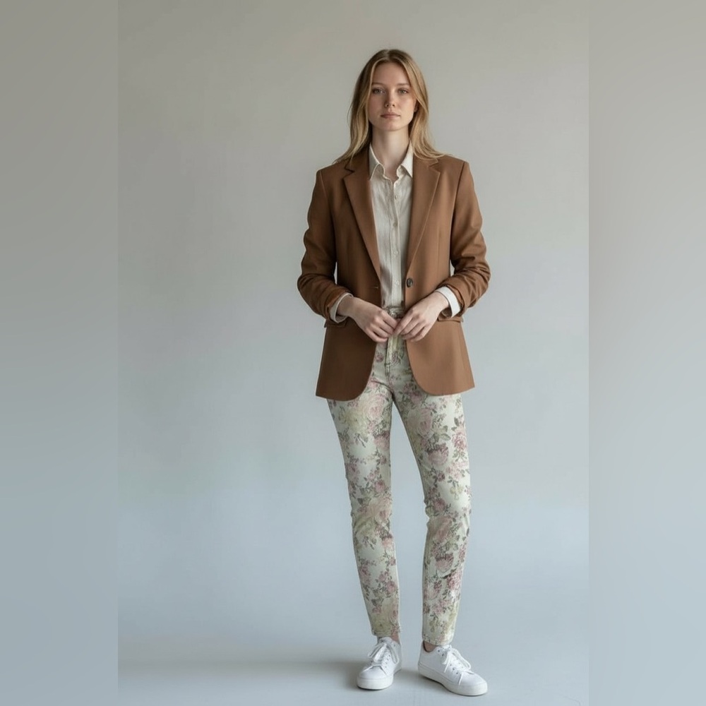 Floral Print Ankle Jeans - Cream Floral